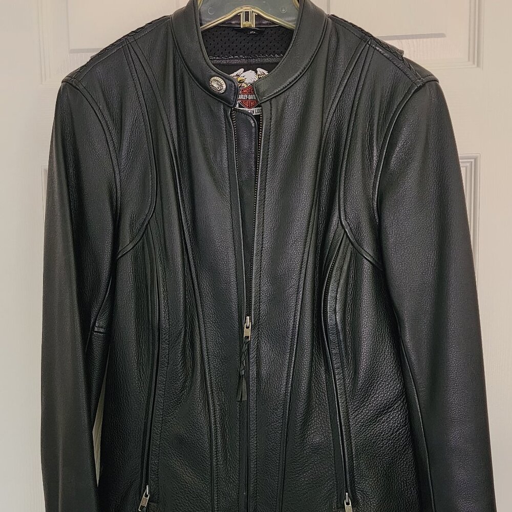 Harley Davidson Women's Medium Black Leather Willie G Jacket Signature Wheel